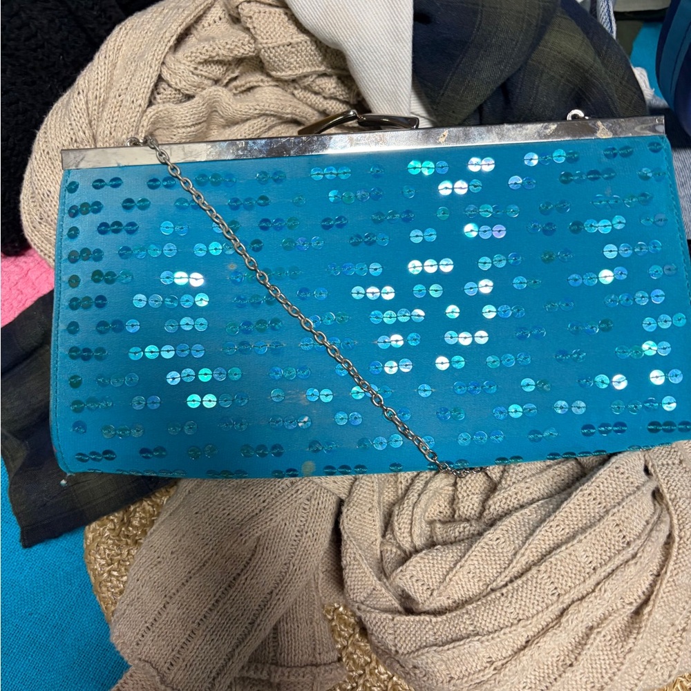 Sparkling Teal Sequin Chain Clutch